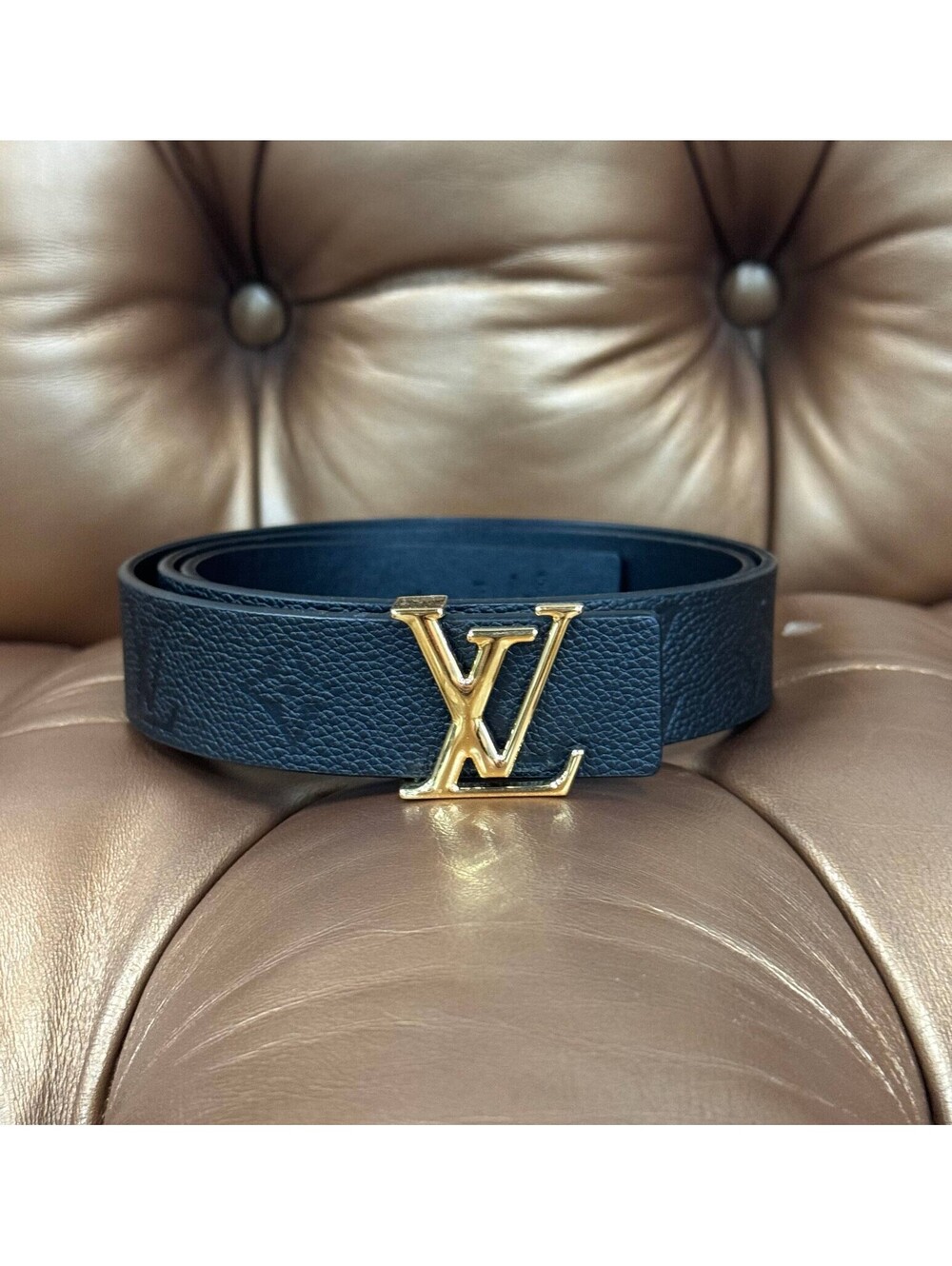 Louis Vuitton Belt Black Monogram Leather M0328 Gold Buckle